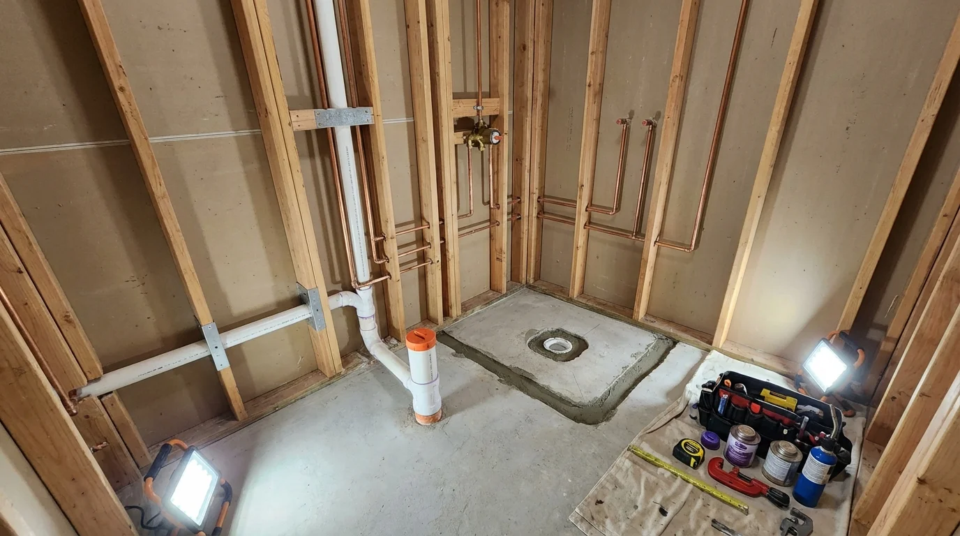Bathroom rough-in plumbing during remodel by Johns Plumbing LLC in Brooks