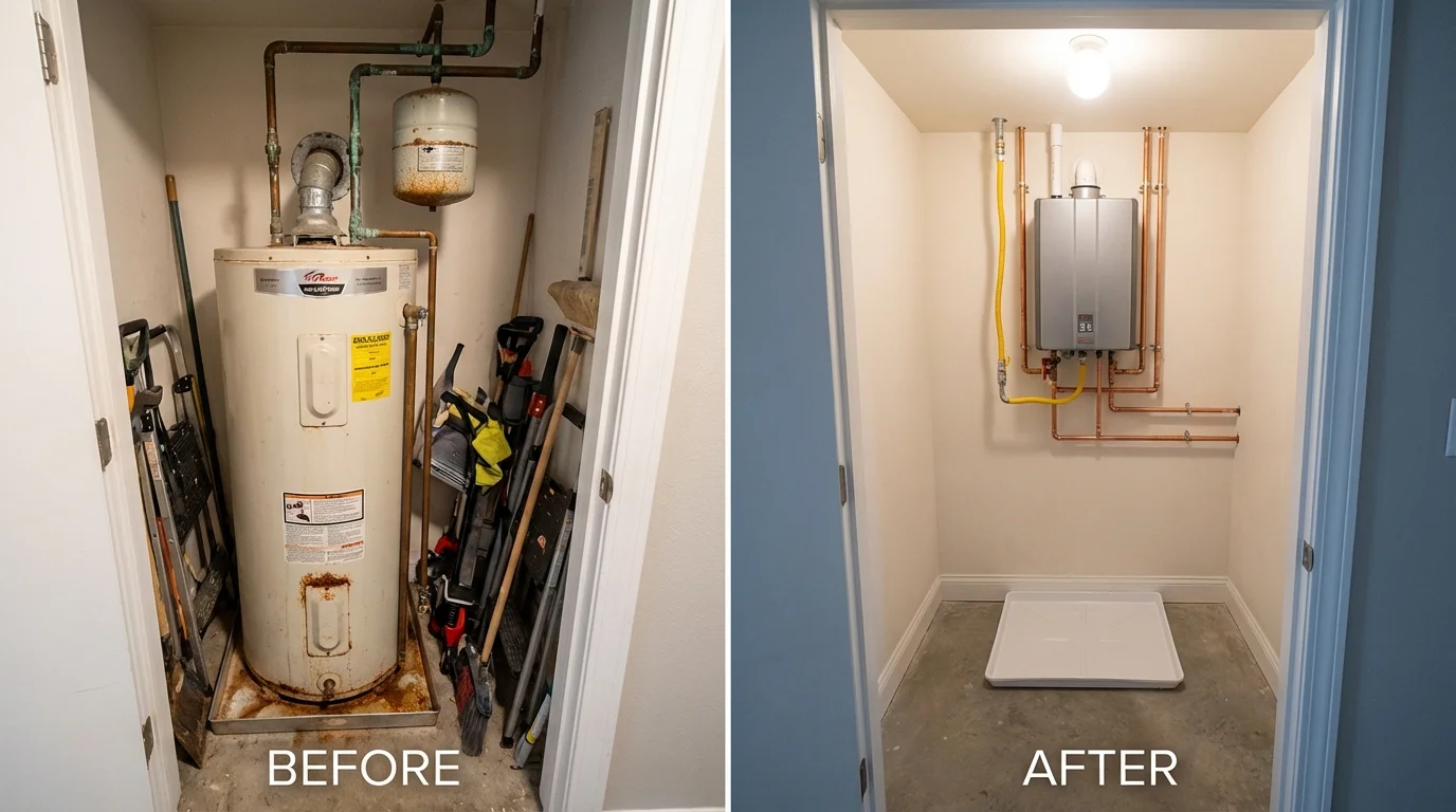 Tank water heater versus wall-mounted tankless unit comparison for Brooks, ME homeowners